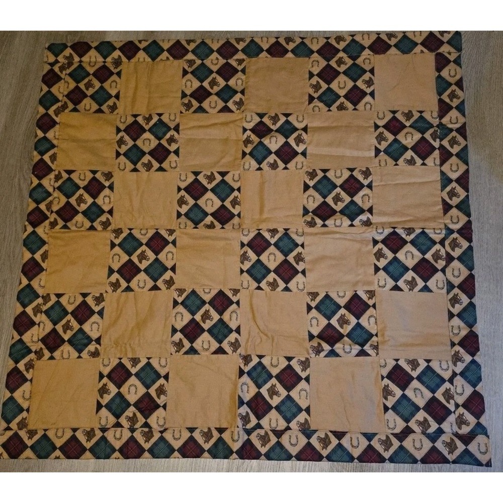 Vintage Handmade Cotton Patchwork Baby Blanket 35x35 Horse Horseshoe Cowboy West